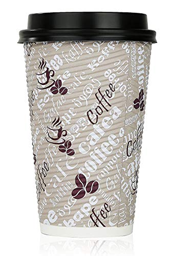 Golden Spoon Disposable Hot Coffee Insulated Cups 50 Pack Set Complete With Lids – Stylish Contemporary Ripple Design - Perfect For Take Away Coffee Shops And Bars (16 oz, Multicolor)