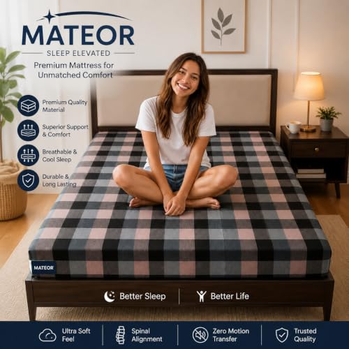Image of MATEOR Cotton Mattress Protector Cover for Single Bed (72 x 36 x 4 Inch) | Soft & Breathable | Dust Protection | Washable | Durable Fitted Mattress Cover | Grey Check Design