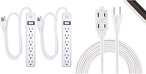 GE Protector SurGE de 6 tomas de tierra, 450 julios, paquete de 2 regletas de alimentación, cable de extensión de 3 pies de largo y regleta de