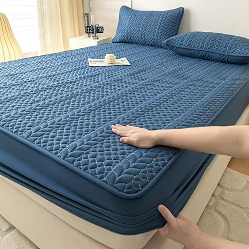 Sábana bajera ajustable para hombre, sábana bajera ajustable para cama doble pequeña, color liso con patrón de trigo, algodón lavado, suave y cómoda, color azul oscuro, 78 pulgadas de largo x 47