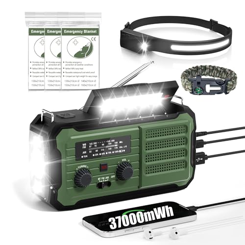 Emergency Radio Hand Crank Solar, 10000mAh/37000mWh Emergency Weather Radio, Hand Crank Solar Radios with NOAA/AM/FM, Rechargeable Headlamp, Thermal Blanket, Survival Bracelet, for Home & Outdoor