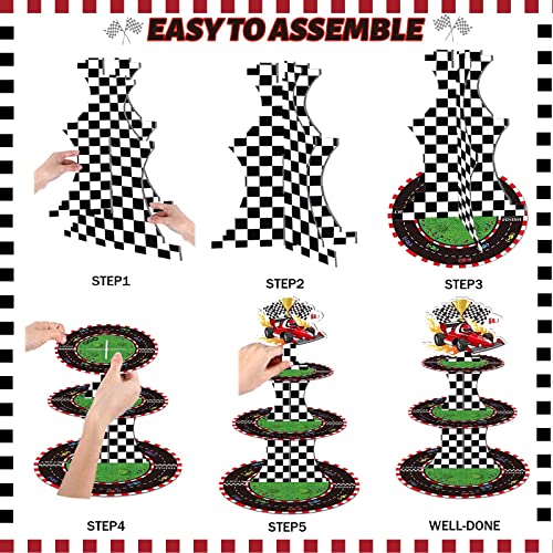 25 Pcs Race Car Cupcake Stand 3-Tier And Race Car Cupcake Topper Set, Fiesec Race Car Checkered Flag Party Supplies Cardboard Dessert Tower Holder Round Serving Stand Holder #TOP2