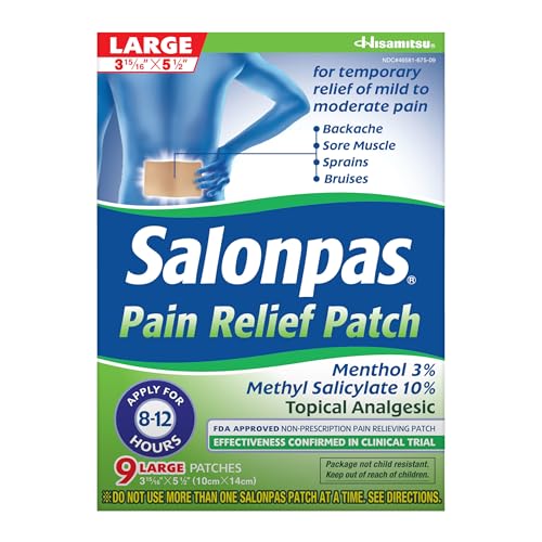 Salonpas Pain Relief Patch, 9 Count Large (Pack of 1), Up to 12 Hours Temporary Relief of Mild to Moderate Pain, Backache, Sore Muscle, Sprains, Bruises