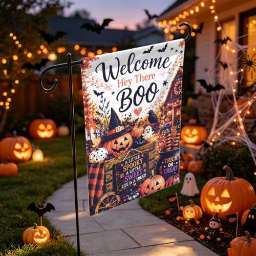 Image of Halloween Garden Flag 12x18 Inch Double Sided Welcome Boo Pumpkin Outdoor Yard Flag Fall Garden Decor