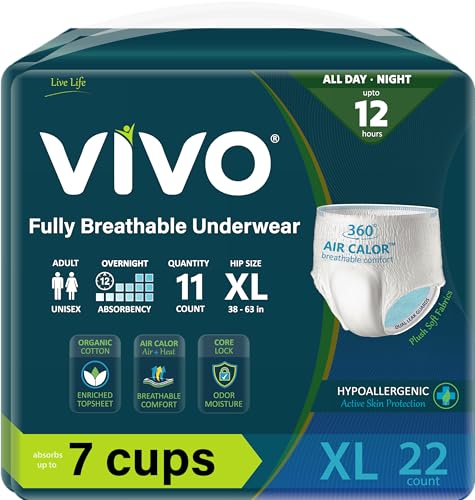 VIVO Organic Cotton Soft Breathable Overnight Pullup Underwear, Women & Men, X-Large 22 Count
