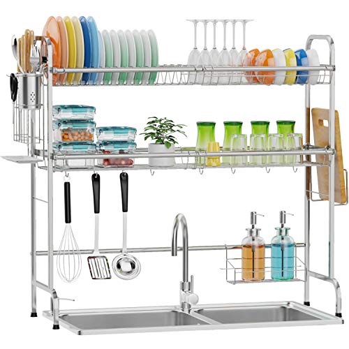 Over The Sink Dish Drying Rack, Packism 2 Tier Stainless Steel Over Sink Rack, Kitchen Over The Sink Shelf with Durable Dish Drainer, Large Dish Rack Over Sink for Kitchen Counter, Silver