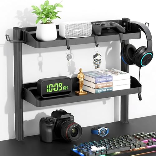 Clamp on Desk Shelf, 2-Tier Office Desk Shelves Organizer, 17in Small Shelf for Top of Desk with Headphone Holder and Hooks, Desktop Storage Rack for Home Workspace, Study Rooms, Gaming Accessories