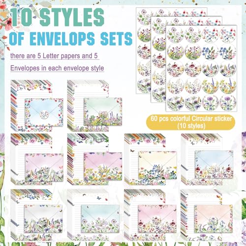 Image of TaoBary 160 Pcs Stationery Paper Set 50 Double Sided Stationery Papers with 50 Matching Envelopes and 60 Round Dot Sticker, 10 Design(Wildflower,5.5 x 8.25 Inch)