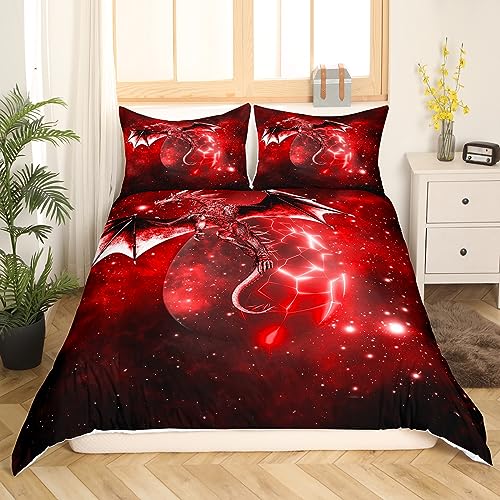 Loussiesd Galaxy Dragon Duvet Cover Kids Chic Outer Space Starry Sky Bedding Set Jungle Animals Dragon Bedding & Linen for Boys Children Teens Red Black Bedspread Cover Double Size - Image 3