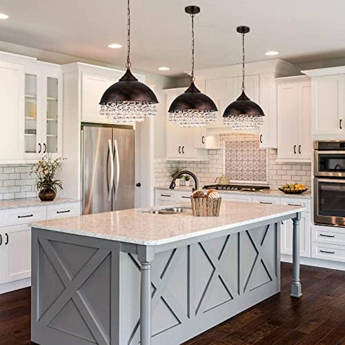 Industrial Crystal Pendant Light - Easric Chandeliers For Dining Room Rustic Pendant Lights Kitchen Island Retro 14'' Dome Shade Hanging Lamp With Crystals Hanging Light For Bedroom Living Room Bar #TOP7