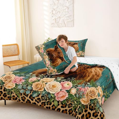Image of Feelyou Highland Cow Bedding Set Leopard Floral Comforter Set for Kids Boys Girls Brown Safari Cheetah Animal Skin Comforter Teal Blue Wooden Decor Quilt Set Room Decor 3Pcs Full Size