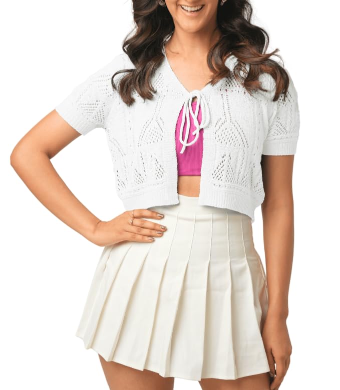 Women’s Crochet Cardigan Large Size | light weight Short Sleeve Cardigan For Women | Beautiful White Color with Viscose & Nylon Fabric Blend | Front Bow Tie Closure For Casual Wear & More