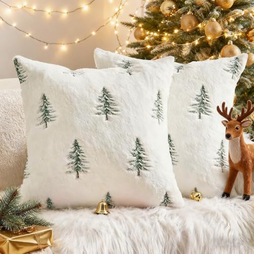 GADITIEK 45x45cm Christmas Cushion Covers Set of 2 Fluffy Soft Plush Throw Pillow Covers with Christmas Tree Decor White Xmas Cushion Covers Sofa Winter Pillow Cases 18x18 Inch (White C)
