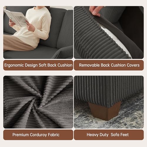 Image of Convertible Sectional Sofa with Storage Ottomans & Long Bench /Coffee Table, Modern Corduroy, U-Shaped Couch with Double Chaise, 4 Seat Sofa Set Couches for Living Room, Apartment, Dark Grey