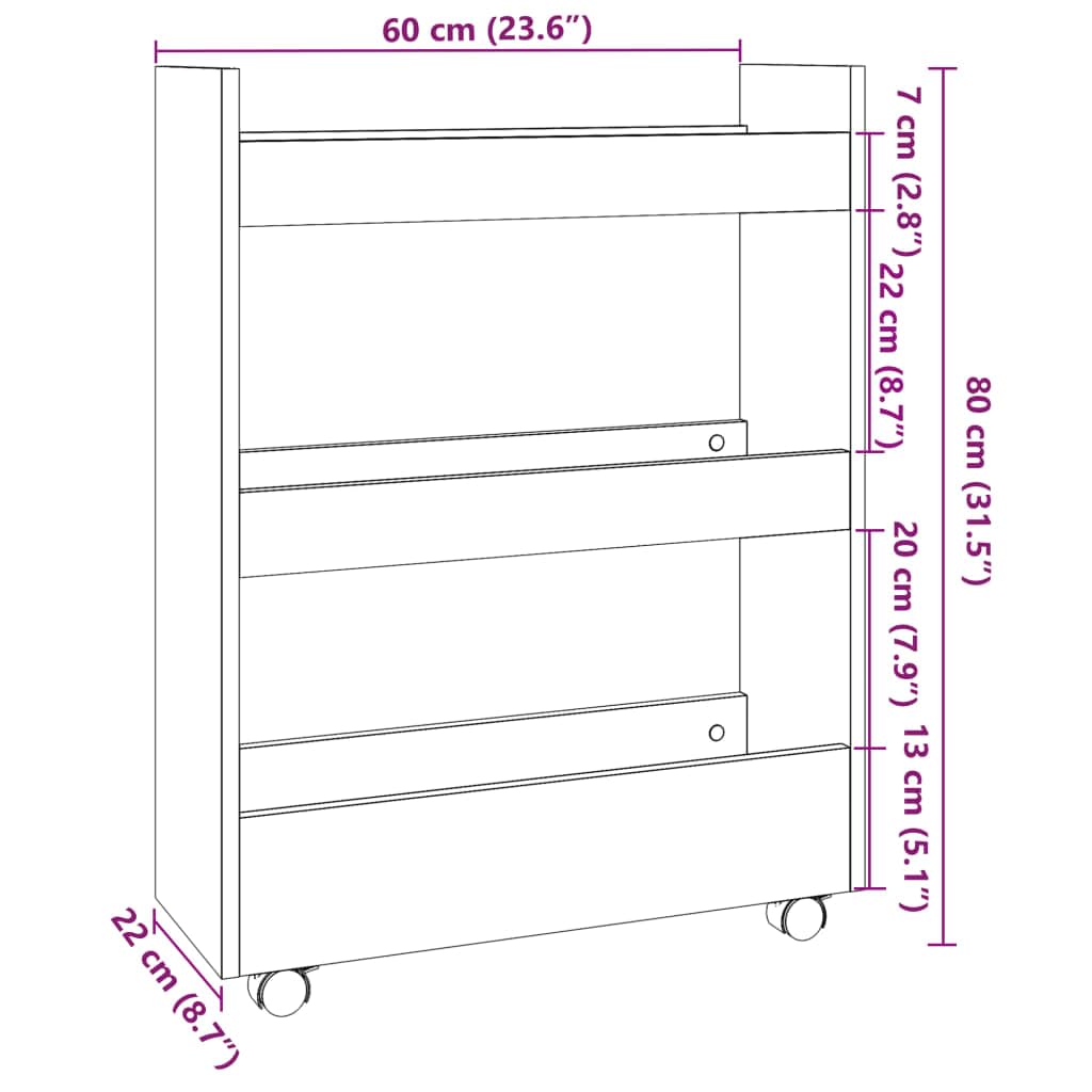 Carro de almacenamiento estrecho de 3 niveles, carrito de madera con ruedas, para cocina, baño, salón, gris, Sonoma, 60 x 22 x 80 cm