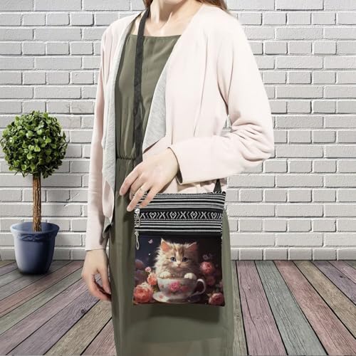 Butterfly Cup Cat Messenger Bag Small Ethnic Pattern Printed Adjustable Strap Crossbody Zipper Bag Butterfly Cup Cat Phone Bag Wallet Cute Shoulder Handbag for Women -33