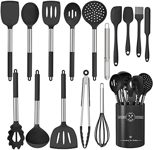 Set di 16 utensili da cucina in silicone, resistenti al calore, con manici in acciaio inox di alta qualità, per cucinare e cuocere, spatole antiaderenti
