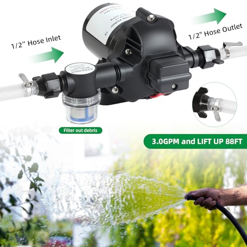 Image of 3 GPM RV Water Pump, 12V DC Diaphragm Pump with Automatic Pressure Switch 40-80PSI Adjustable, 3-Chamber, 1 /2'' MNPT Port, for RV Yacht Food Truck Camper Marine,1 Pump + 1 Strainer,