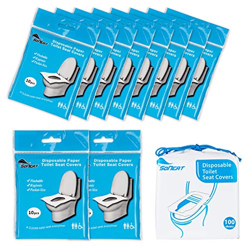 Disposable toilet seat covers - 100 sheets of XL flushable paper toilet seat covers for adults and kids potty training - travel essential for airplane, road trips, camping and in public restrooms. Disposable toilet seat covers - 100 sheets of XL flushable paper toilet seat covers for adults and kids potty training - travel essential for airplane, road trips, camping and in public restrooms.