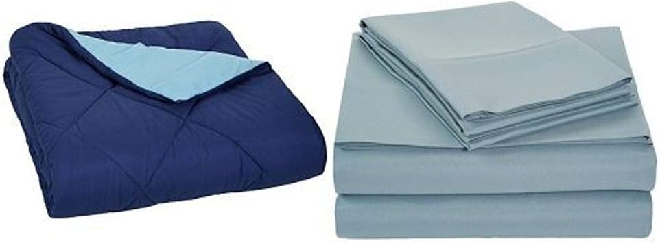 Amazon Basics Navy Blue Comforter Full/Queen and Spa Blue Sheet Set Full