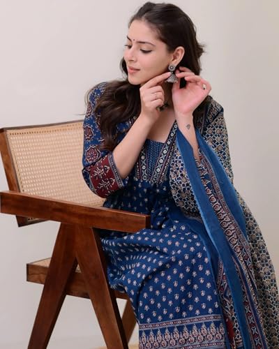 Image of KLOSIA Women's Rayon Printed Anarkali Kurta and Pant with Dupatta Set