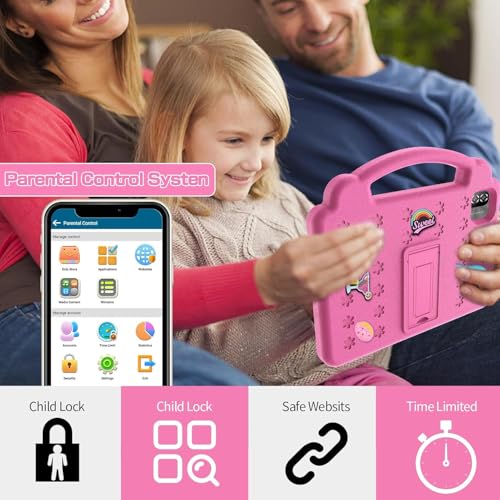 Image of 10 Inch Kids Tablet with Handle Case,Android 15 Tablets for Age 3-12,64GB Educational Pad,Parental Control,5G WIFI6,Dual Camera,6000mAh,Bluetooth (Pink)