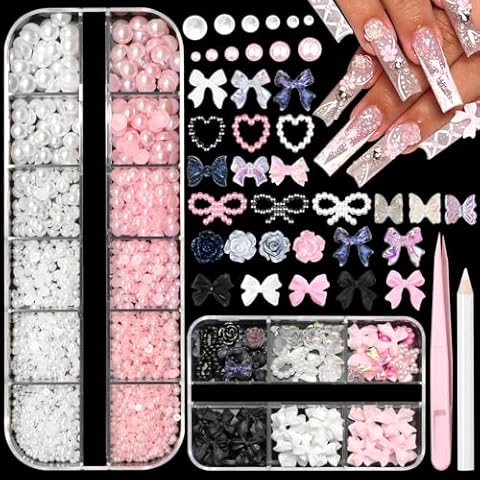 BELICEY 2 Boxes 3D Nail Charms Set 3 Color Mix Bow Flower Butterfly Charms for Nails White Pink Pearls for Nails Flatback Pearls with Pickup Pencil Tweezer for DIY Nail Art Supplies Crafts Cover