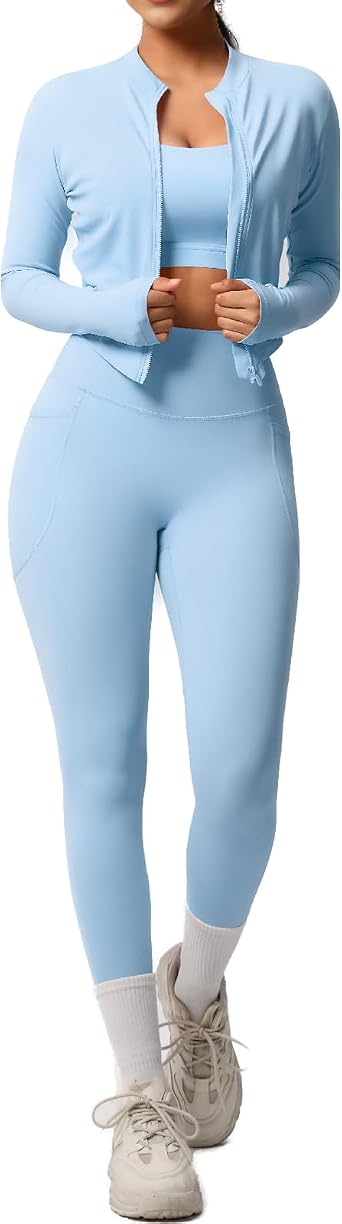 Womens 3-Piece Activewear Set Long Sleeve Zip Jacket, Cross Back Sports Bra & High-Waist Leggings with Pockets