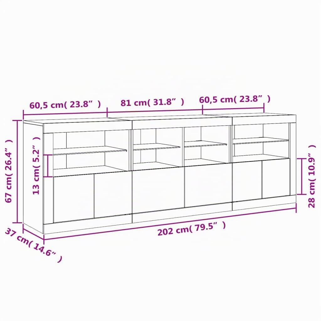 vidaXL Buffet avec lumières LED Gris béton 202x37x67 cm