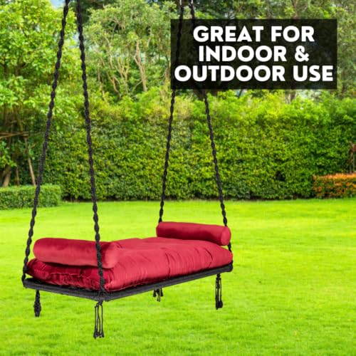 Image of Patiofy Double Seater Plank Swing for Adults | Indoor and Outdoor Use | Jhula for Adults with Red Sitting Cushion & with Round Bolster Pillow | Hanging Kit Included | Weight Capacity - 150 Kg - Black