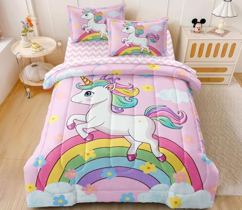 SIRDO Rainbow Unicorn Bedding Set Twin, Pink Kids Comforter Sets for Girls,5 Pieces 1 Comforter with Flat Fitted Sheets and 2 Pillowcases for Kids Teens Children Bedroom Decor All Season