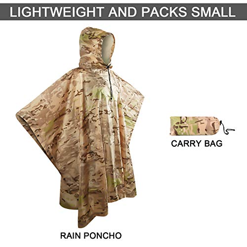 Fousam Camo Poncho, Waterproof Ripstop Hooded Raincoat Lightweight Packable Rain Cover for Hunting Camping Backpacking Emergency Tent Shelter Cp Desert - Thumbnail 3