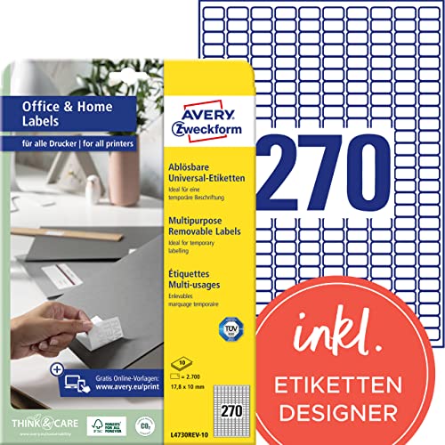 AVERY Zweckform L4730REV-10 Universal Etiketten (2.700 Klebeetiketten, 17,8x10mm auf A4, wieder rückstandsfrei ablösbar/abziehbar, individuell bedruckbare, selbstklebende Aufkleber) 10 Blatt, weiß AVERY Zweckform L4730REV-10 Universal Etiketten (2.700 Klebeetiketten, 17,8x10mm auf A4, wieder rückstandsfrei ablösbar/abziehbar, individuell bedruckbare, selbstklebende Aufkleber) 10 Blatt, weiß