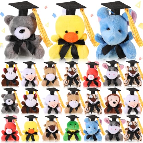 Blueweenly 24 Pcs 2026 Graduation Mini Stuffed Animal with Cap Grad Small Plush Animal Toy Keychain Congrats Grad Mini Stuffed Bear Bulk for Class of 2026 Party Decor Goodie Bag Filler School Gift