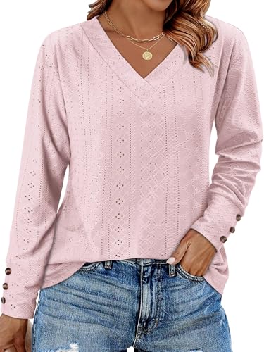 KISSMODA Long Sleeve Fall Shirts For Women V Neck Tunic Tops Embroidered Button Down Knitted Blouses 2025