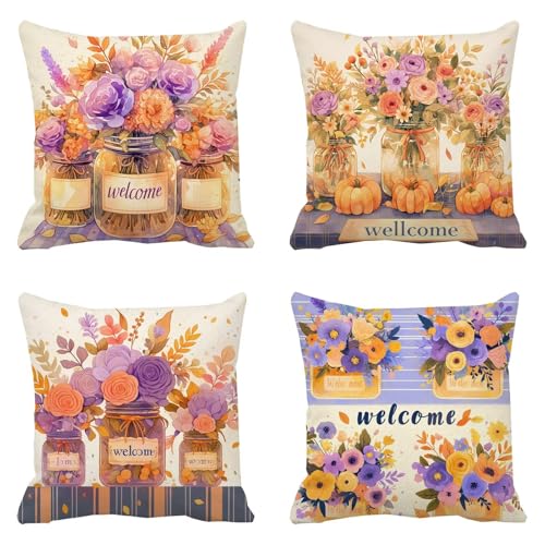 Funda Cojin 60x60cm Terciopelo Juego de 4 Flores, Cuadrado Morado Fundas Cojines, Funda Almohada Otoño, Cojines Sofa para Decoración Dormitorio Y Salón, con Cremallera Oculta, Lavable a máquina s-10