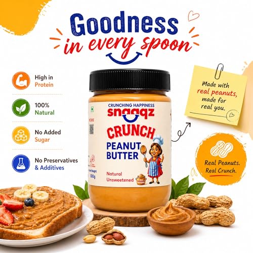 Image of SNAAQZ All Natural Peanut Butter Crunchy (Pack of 2 x 500g) - 1kg Value Combo | 30g Protein, 100% Roasted Peanuts | Unsweetened, No Palm Oil, Sugar-Free Vegan Nut Butter