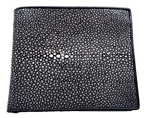 Julie Genuine Real Polished Stingray Skin Leather Man Bifold Shiny Black Wallet