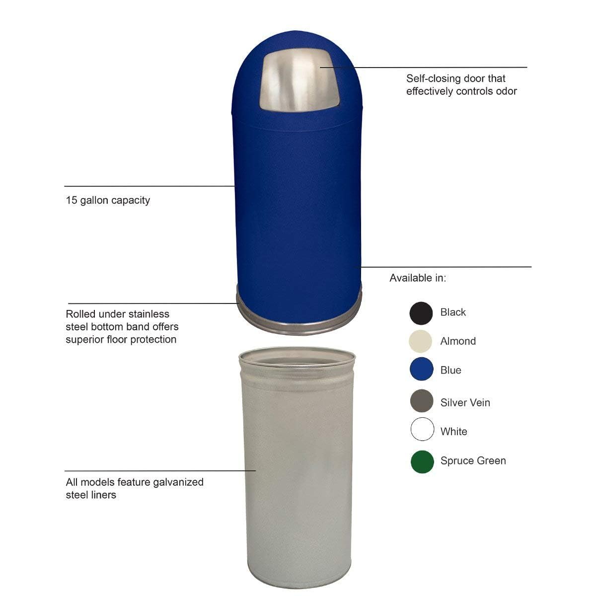 WITT Industries 15DTBL Push Top Standard Receptacle, Steel, 15 gal, Blue (Pack of 2)