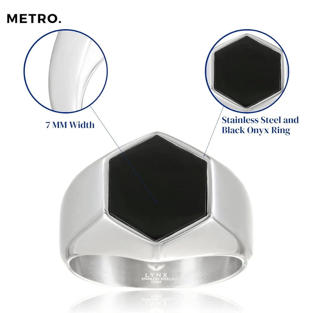 Metro Jewelry Black Onyx Hexagon Ring for Men in Stainless