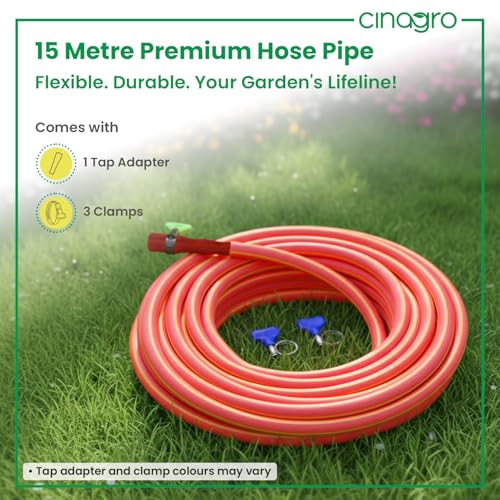 Image of Cinagro 15 Meter, 0.5 Inch PVC Premium Hose Pipe for Garden, Multicolour | With Tap Adapter, 3 Clamps, Heavy Duty, Flexible, Car Wash, Garden Watering