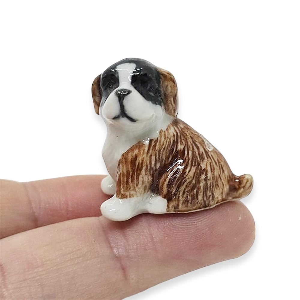 WitnyStoreTiny 1⅛" Brown White Sit Look Left Saint Bernard Pup Dog Figurine - Miniature Hand Made Painted Ceramic Dogs Puppy Canine Animals Cute Porcelain Decorative Collectible Figures Décor Gifts