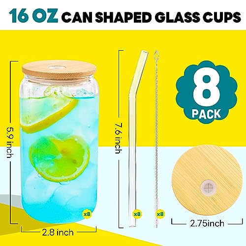 Joyclub Glass Cups with Bamboo Lids and Straws 8 Set 16 oz Reusable Iced Coffee Cup Beer Can Drinking Jars for Smoothie Whiskey Boba Soda Tea Gift by Joyclub - Image 2