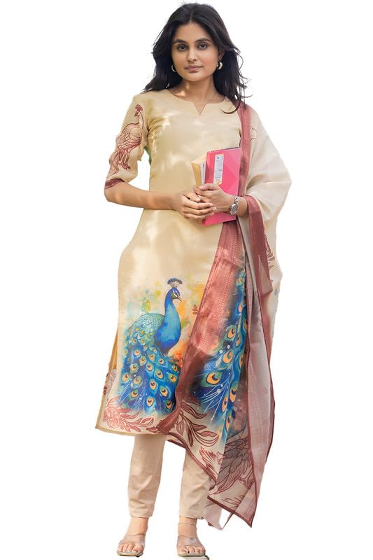 Image of Sun Fashion And Lifestyle Women's Simmer Silk Stitched Printed Kurta Dupatta (KD7 Yellow)