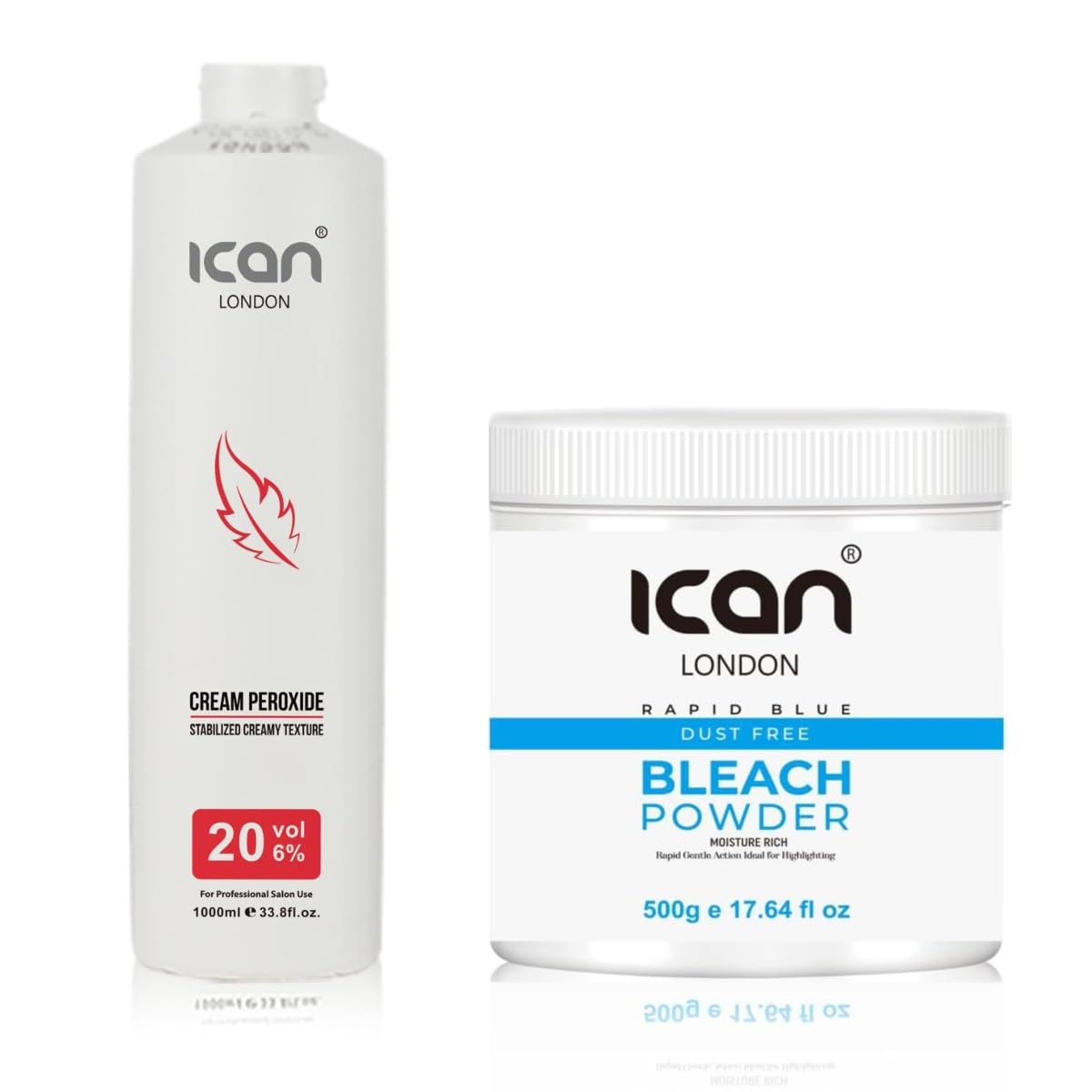 Ican London Cream Peroxide 20 Volume 6%, 1000ml + Dust Free Rapid Blue Powder Bleach Jar, 500g, Combo Set
