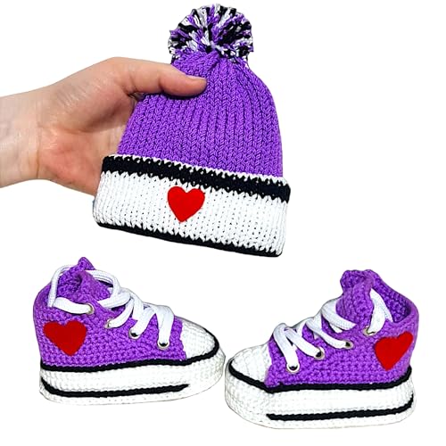 Handmade Gender Neutral Baby Crochet Purple Sneakers & Beanie Set - Soft Sole, Customizable, Perfect for Newborn Boys & Girls