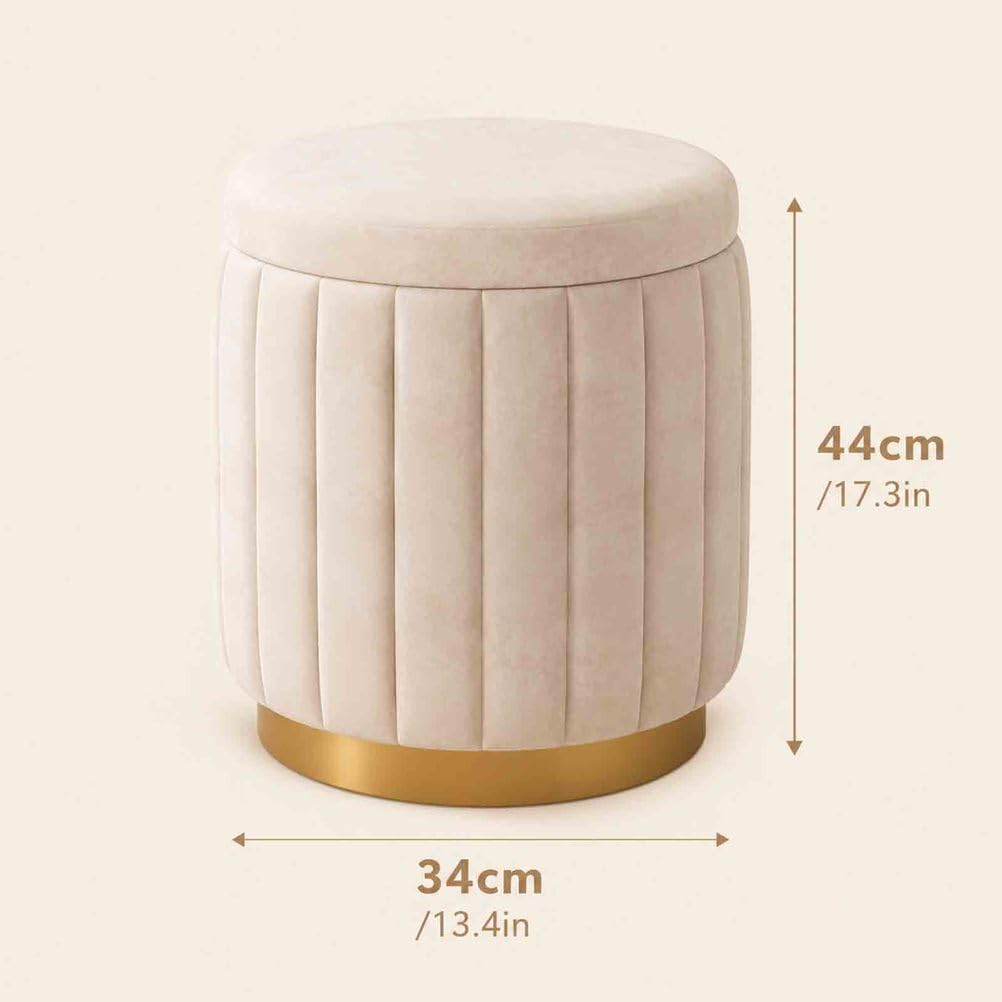 Pouf Sgabello Rotondo Contenitore, poggiapiedi ottomano in Velluto con vano Nascosto e Base in Legno, Sgabello toeletta Compatto, Crema