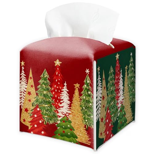Christmas Tree Christmas Tissue Box Cover - Green & Red Festive Holiday PU Leather Waterproof Tissue Holder - Facial Paper Organizer for Home Bathroom Office - Desk Xmas Decorative Dispenser Box - A05