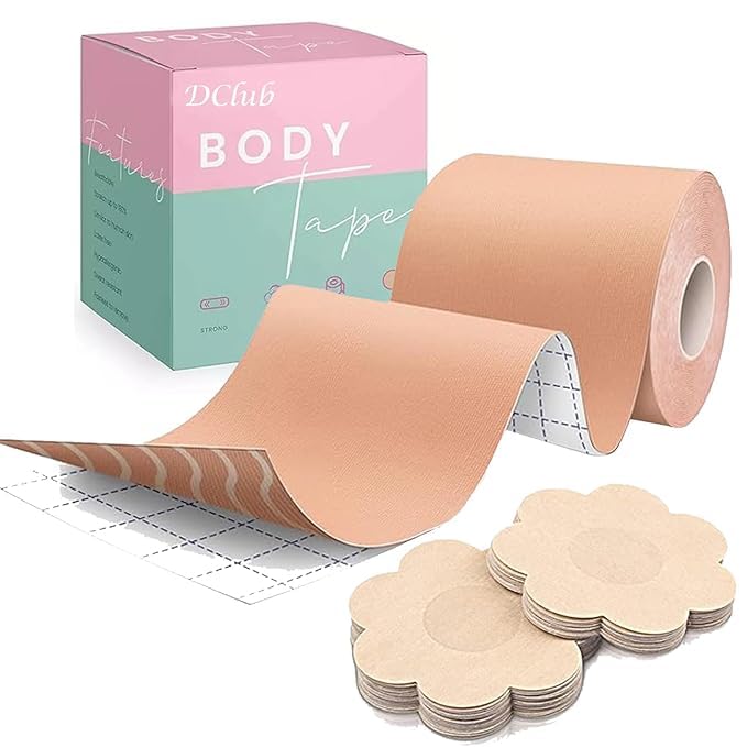Boob Tape Kit- Boobytape for Breast Lift with Petals, Breathable Adhesive Sticky Bra Tape, Push Up Nipple Tape Includes Disposable Petal Tops Adhesive Nipple Covers. Light Blue