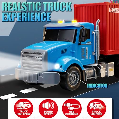 Image of VikriDA Remote Control Container Truck Toy for Kids, 2.4GHz RC Cargo Transport Truck with LED Lights & Sound Effects, USB Rechargeable Battery